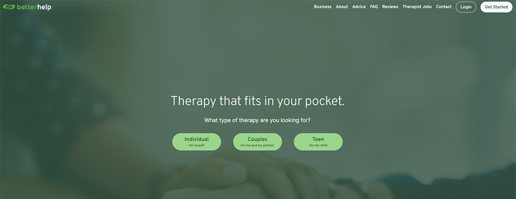 A screenshot of the online therapy landing page taken on February 2023